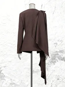 Elegant brown chic blazer for women featuring an asymmetrical long shoulder drape detail