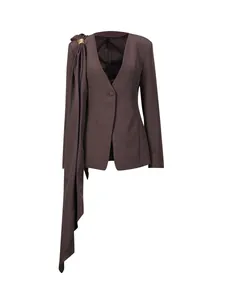 Elegant brown blazer for women with irregular draped sash and deep V-neck design