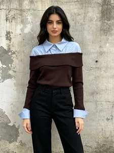 Women Elegant Casual Fake Two-Piece Knit Top Contrast Color Patchwork Shirt Collar Sweater Slim Pullover Long Sleeve Top