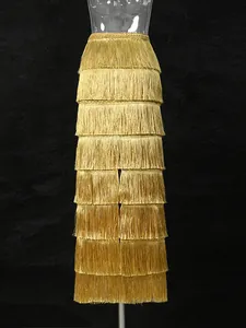 Elegant gold tiered fringe high waist maxi skirt for stylish women's party fashion