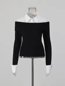 Elegant two-piece knit top with white shirt collar and black off-the-shoulder sweater