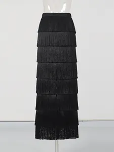 Elegant black high-waisted maxi skirt with layered fringe tassels