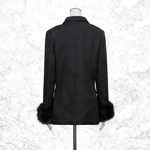 Back view of an elegant black blazer jacket featuring luxury faux fur trimmed cuffs