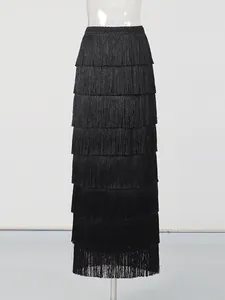 Elegant black tiered fringe high waist maxi skirt featuring a chic multi-layered design