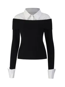 Elegant black and white fake two-piece off-the-shoulder long sleeve slim knit top