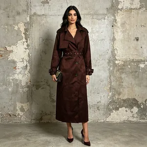 Elegant dark brown mid-length trench coat with waist belt and notched lapels design.