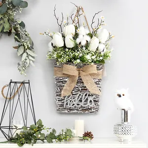 Panier à Fleurs Artificielles Mural Rustique Couronne de Tulipes et Roses en Plastique Avec Signe Hello Nœud en Lin Décoration Maison Mariage
