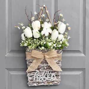 Panier de fleurs artificielles avec tulipes et coton pour décoration murale et porte