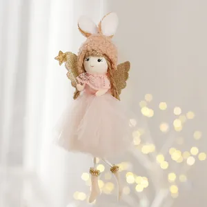 Simpatica bambola angelo di Natale con vestito in tulle rosa e orecchie da coniglio