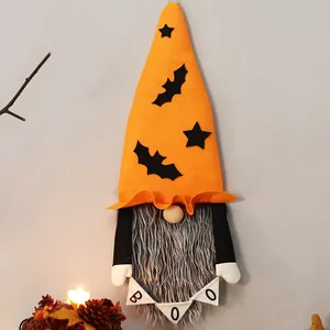 Decoración de pared de gnomo de Halloween de estilo nórdico con gorro naranja y banner BOO