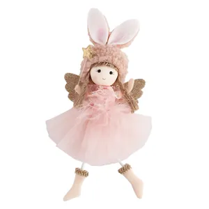Adorabile bambola angelo di Natale rosa da appendere con orecchie da coniglio e bacchetta