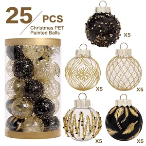 Schwarz Gold Weihnachtsbaumschmuck PET Bemalte Dekorationsbälle Glitzer Schneeflocke Feder Muster Elegante Feiertagsanhänger