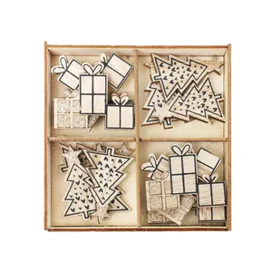 Wooden Christmas tree and gift box ornaments set in a four-compartment storage box