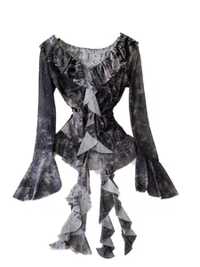 Top vintage in mesh tie-dye con scollo a V a balze, maniche a campana e un orlo