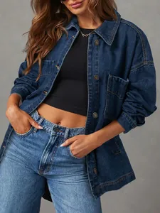Klassische Oversize-Damen-Jeansjacke im Boyfriend-Stil mit langen Ärmeln und Knopfleiste