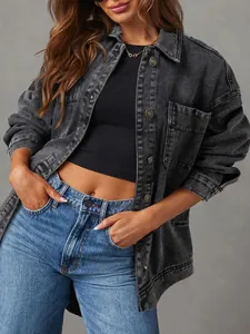 Oversize-Jeansjacke für Damen in Anthrazit mit langen Ärmeln und Knöpfen