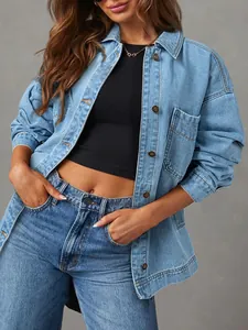 Übergroße Boyfriend-Jeansjacke mit geteiltem Rücken und Brusttasche für Damen
