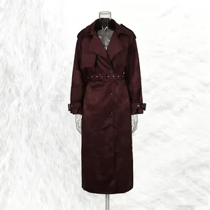 Elegant burgundy mid-length trench coat with lapel and belt on mannequin