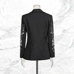 Back view of a black blazer featuring sparkling silver sequin geometric patterns on sleeves.