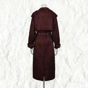 Back view of elegant burgundy long suede-style trench coat with adjustable belt