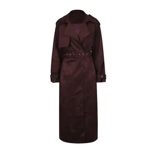 Front view of a long burgundy trench coat showing the belt and lapel details