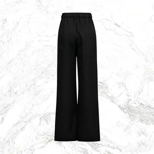 Back view of elegant black high-waisted wide-leg trousers with elastic waistband