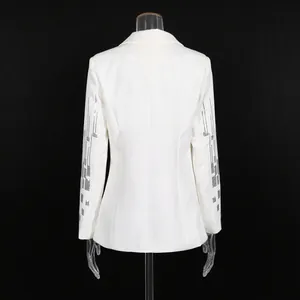 Elegant white French style tailored blazer featuring intricate silver sequin sleeve detailing back view