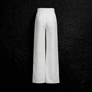 Back view of white high-waisted wide-leg trousers with elastic waistband on black background