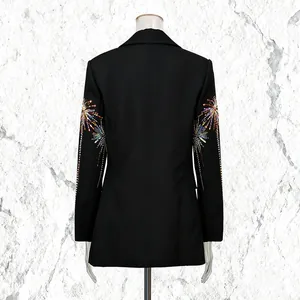 Détail d'un blazer noir pour femme avec broderies de paillettes feu d'artifice colorées.