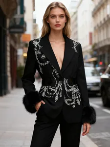 Women Heavy Industry Rhinestone Cut-out Blazer Elegant One Button Faux Fur Trim Suit Jacket Luxury Socialite Style Top