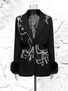 Elegant black evening blazer with luxury rhinestone patterns and faux fur cuffs