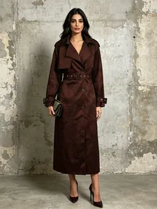 Women Elegant Polyester Solid Color Mid-Length Trench Coat With Belt Lapel Long Sleeve Loose Fit Autumn Winter Outerwear Top