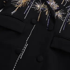 Gros plan des motifs de paillettes et perles feu d'artifice sur une veste de blazer noire.