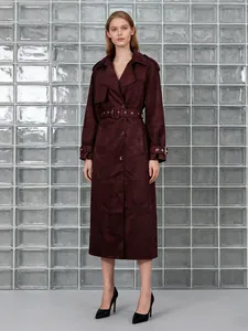 Elegant burgundy suede-like mid-length trench coat with lapels and waist belt for women