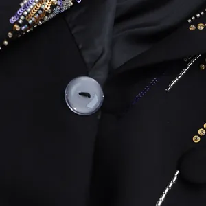 Détail macro d'un blazer noir avec bouton et broderie de paillettes colorées en feu d'artifice.