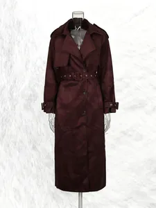 Burgundy suede mid-length trench coat with lapel collar and adjustable waist belt