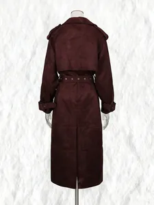 Classic burgundy long trench coat with waist belt and lapel for autumn commuter style