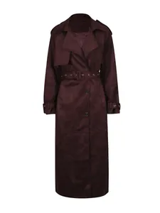 Elegant burgundy long-sleeved trench coat featuring a waist belt and lapel collar