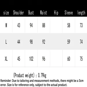 Detailed size chart for women's pearl blazer with shoulder, bust, and waist measurements