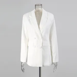Elegant white blazer featuring dense pearl embellishments and classic lapel design.