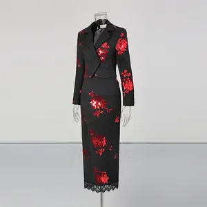 Elegant black two-piece set featuring red sequin floral embroidery and lace hem
