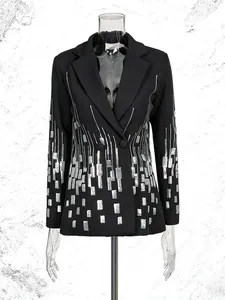 Elegant women's black long sleeve blazer jacket featuring stylish silver sequin patterns