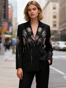 Blazer de Mode pour Femmes Paillettes Motif Feux d'Artifice Col en V Veste de Costume à Double Boutonnage Streetwear