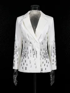 Elegant white long-sleeved blazer with shimmering silver sequins and classic notched lapel