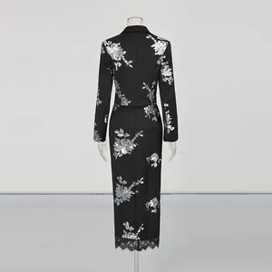 Detailed back view of a black two-piece fashion set with silver floral sequins and lace hem