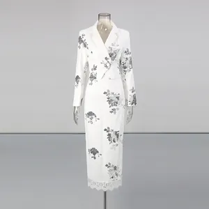 Elegant white floral sequin blazer and high-waist lace hem skirt two-piece suit set