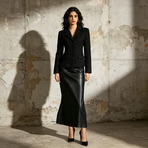 Elegant black tweed jacket and long leather skirt ensemble on model. (81 chars)