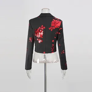 Back view of a black cropped blazer featuring red floral sequin embroidery detail