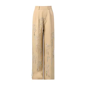 Eleganti pantaloni kaki a vita alta con gamba larga e ricamo di strass a figura pesante