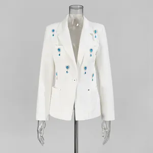 White tailored blazer for women featuring elegant blue rhinestone teardrop embellishments
